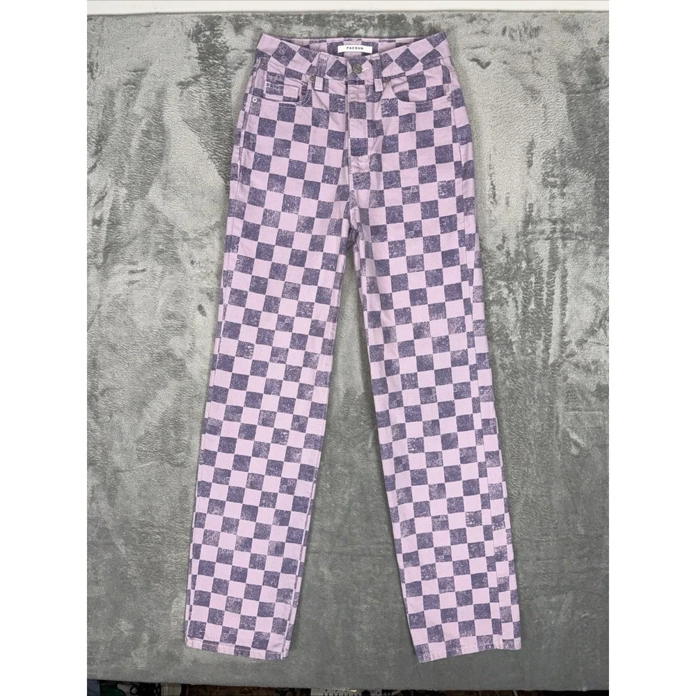 Pacsun Jeans Womens 24 Pink Purple Checkered Denim‎ Pants 90s Boyfriend Jeans